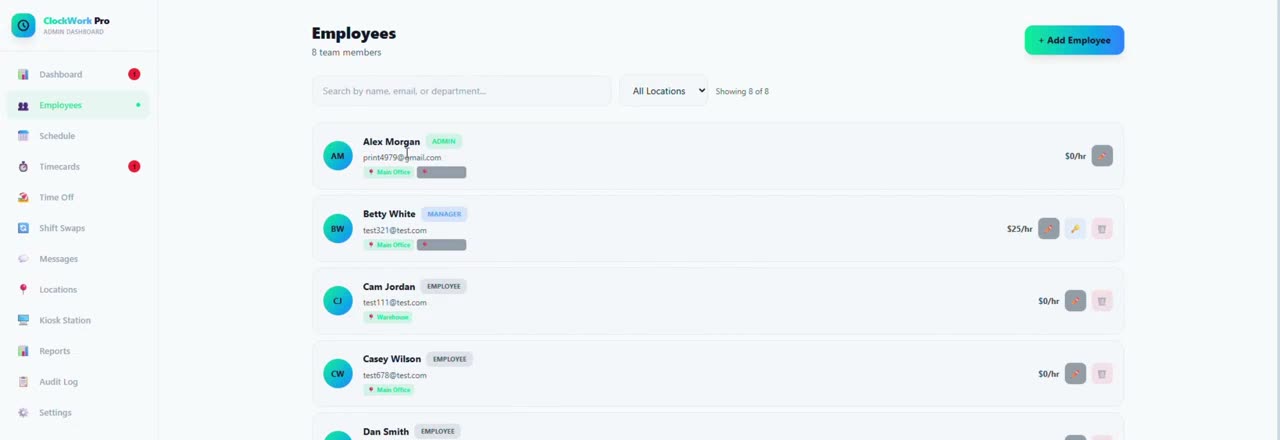 The ClockWork Pro Employees screen listing staff members with their photos, roles and hourly pay rates.