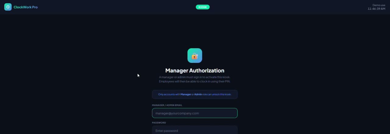 The ClockWork Pro kiosk lock screen on a shared device, showing the Manager Authorization prompt before employee PIN entry.