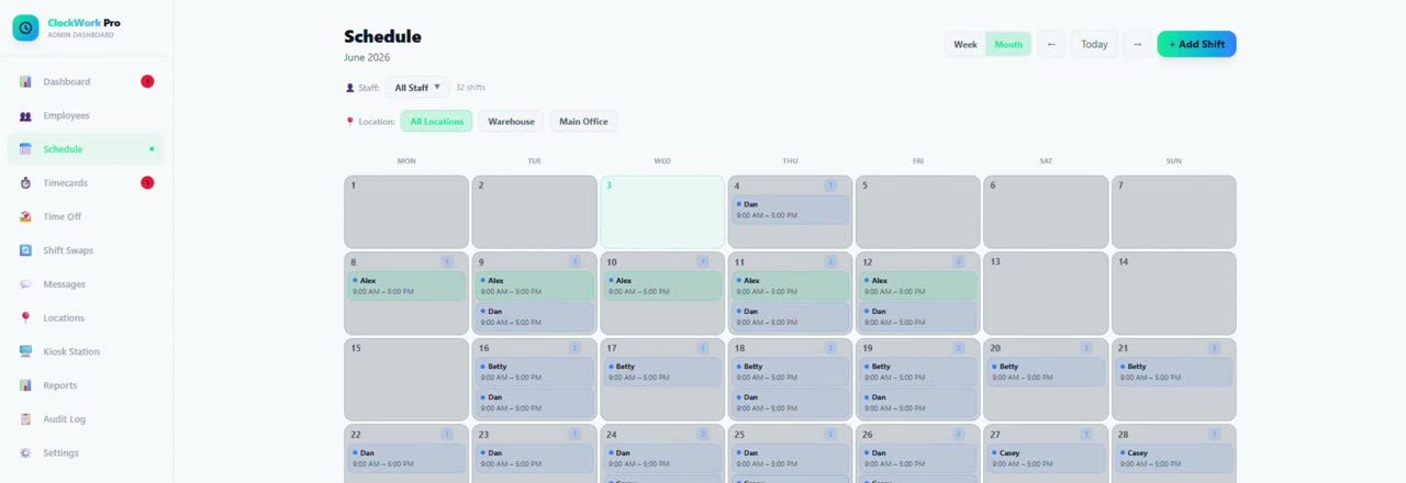 The ClockWork Pro schedule for June 2026: a month grid holding 32 shifts assigned to named staff, with filters for All Locations, Warehouse and Main Office.